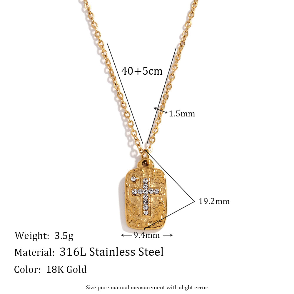 Women's CZ Cross Hammered Pattern Square Plate 18k Gold Waterproof Necklace