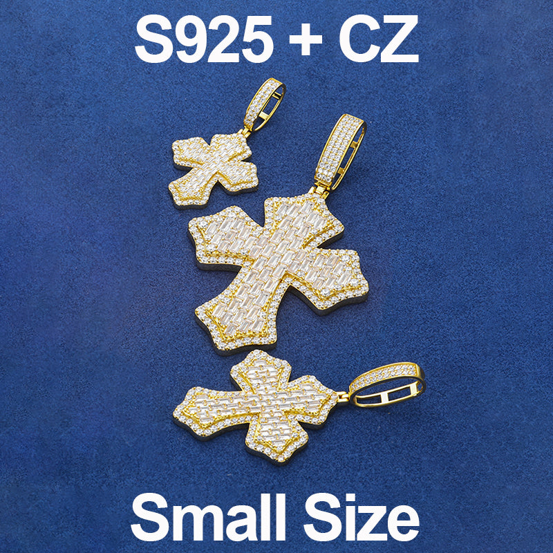 Cross Shield | Solid 925 Sterling Silver Moissanite Diamond Baguette Hip Hop Pendant