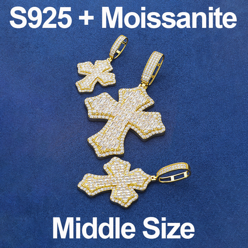 Cross Shield | Solid 925 Sterling Silver Moissanite Diamond Baguette Hip Hop Pendant