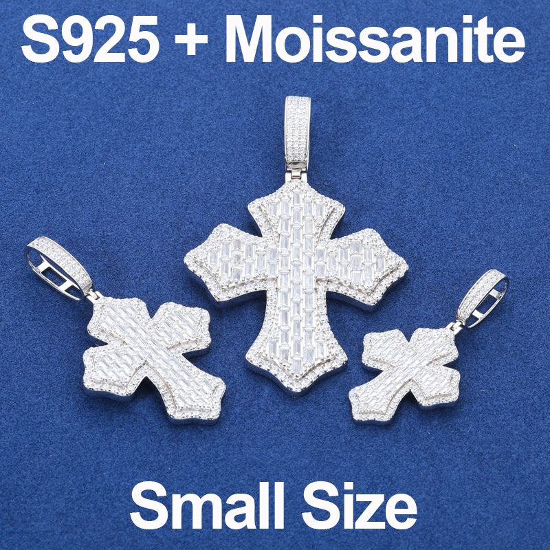 Cross Shield | Solid 925 Sterling Silver Moissanite Diamond Baguette Hip Hop Pendant