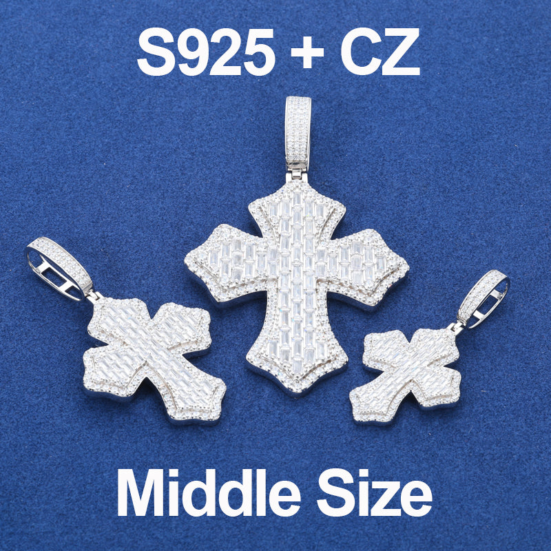 Cross Shield | Solid 925 Sterling Silver Moissanite Diamond Baguette Hip Hop Pendant
