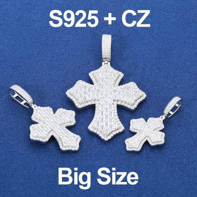 Cross Shield | Solid 925 Sterling Silver Moissanite Diamond Baguette Hip Hop Pendant