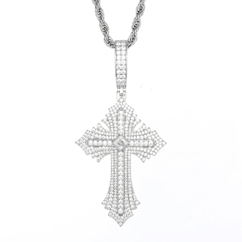 Radiance | Solid Silver Moissanite Diamond Radiant Cross Hip Hop Pendant Chain