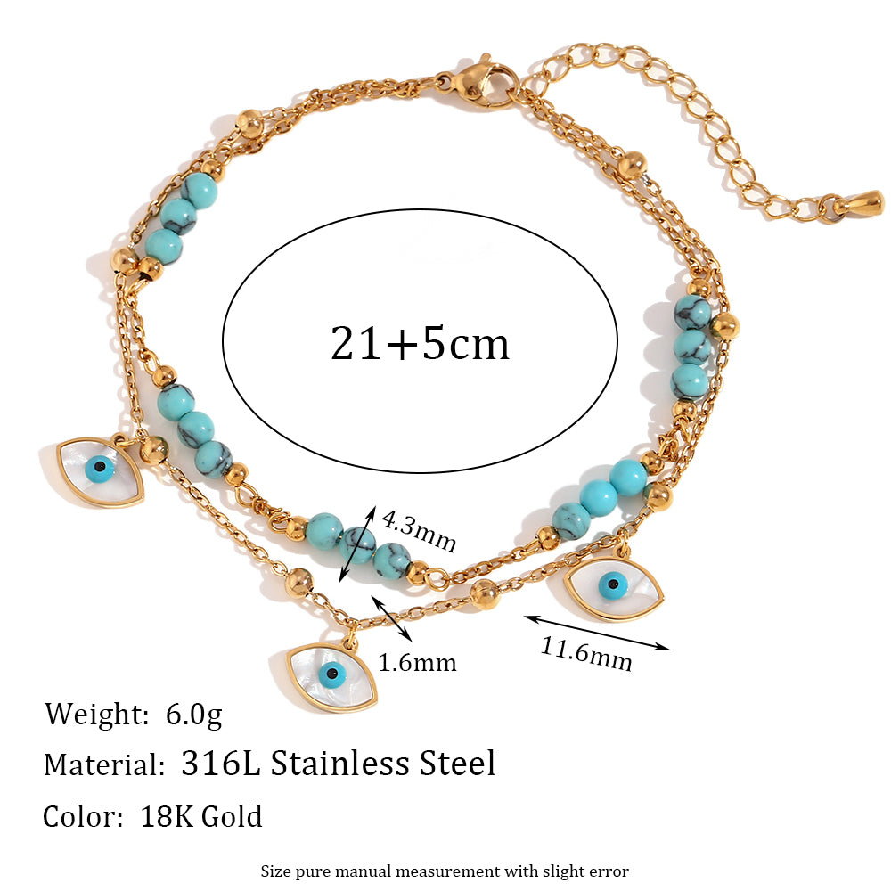 Ladies Waterproof Tarnish Free 18k Gold All Seeing Eyes Blue Turquoise Stone Ankle Bracelet