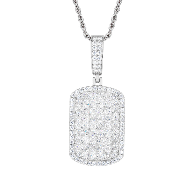 The Grid | Full Iced Blinged Out Princess Cut Solid Silver Moissanite Diamond Dog Tag Pendant