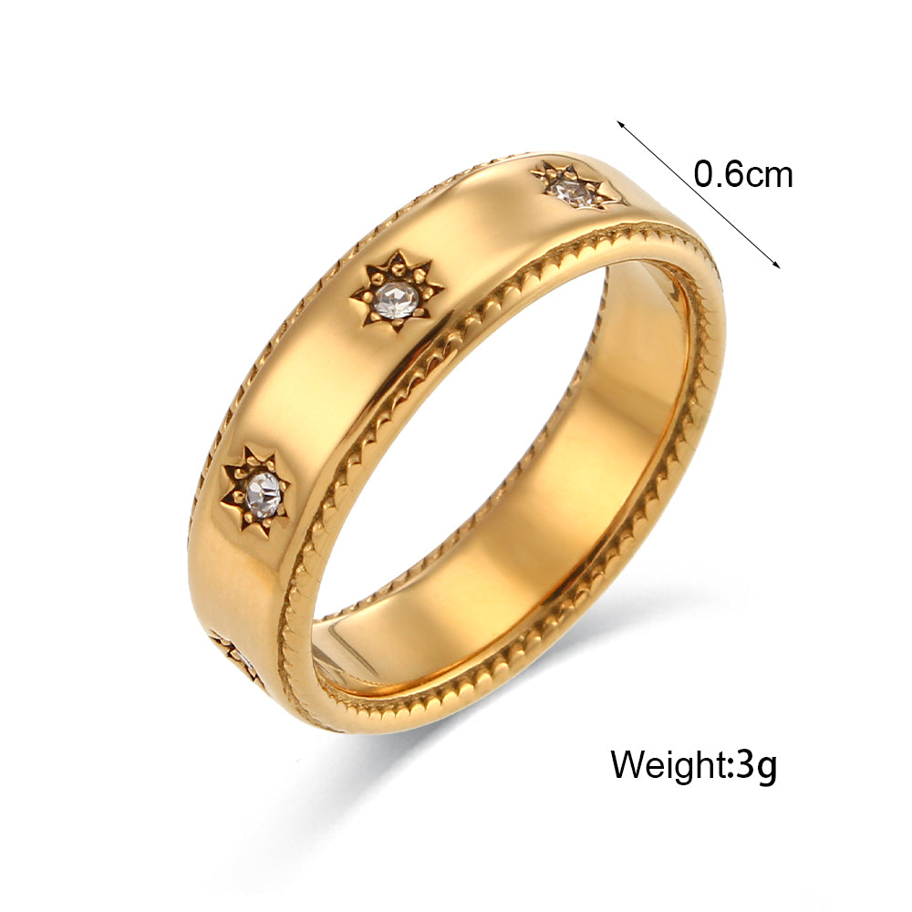 Women's Stainless Steel 18k Gold Waterproof Jewelry No Tarnish Zircon Settled Star Rings