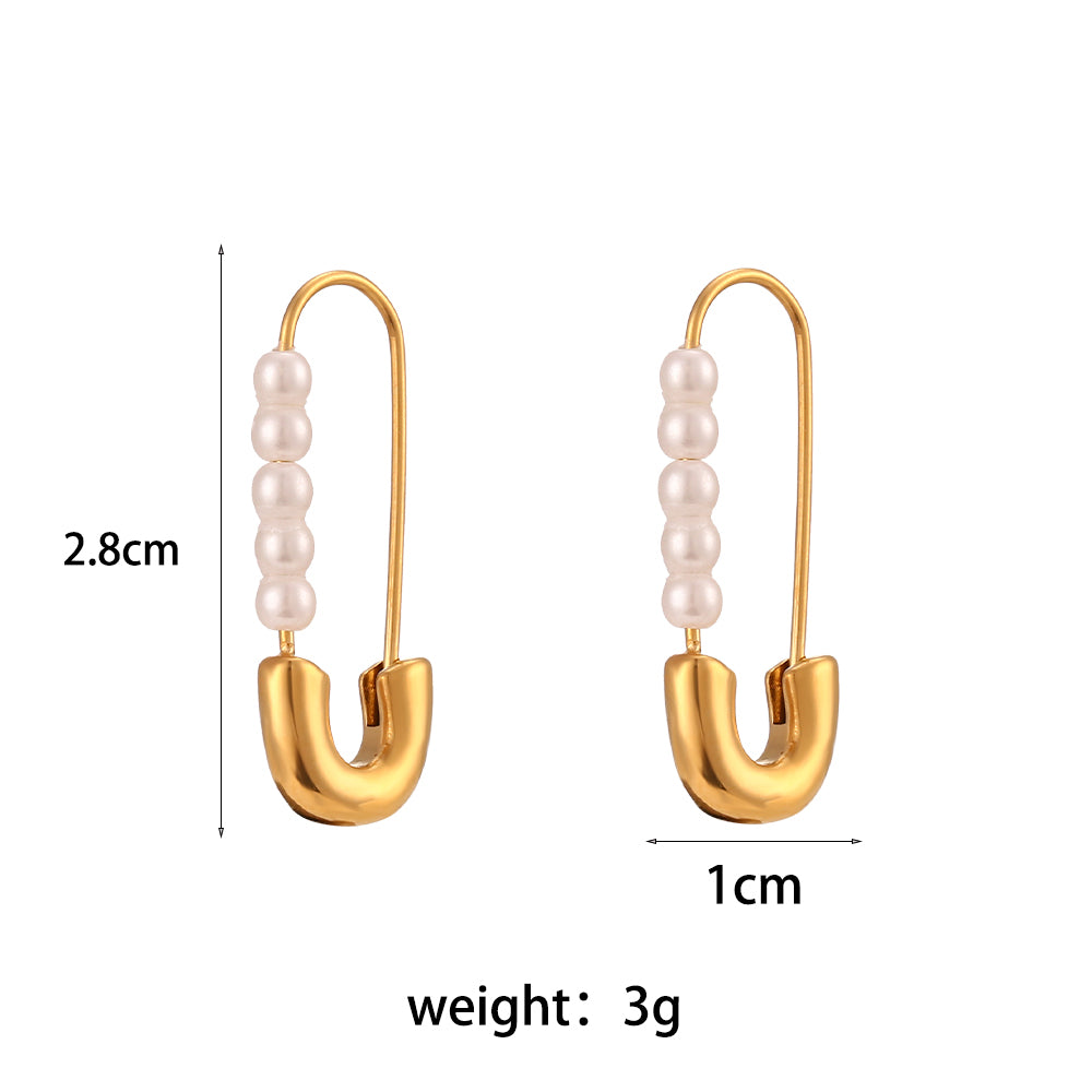 Women's 18k Gold Stainless Steel No Fade Safety Pin Pearl Earrings