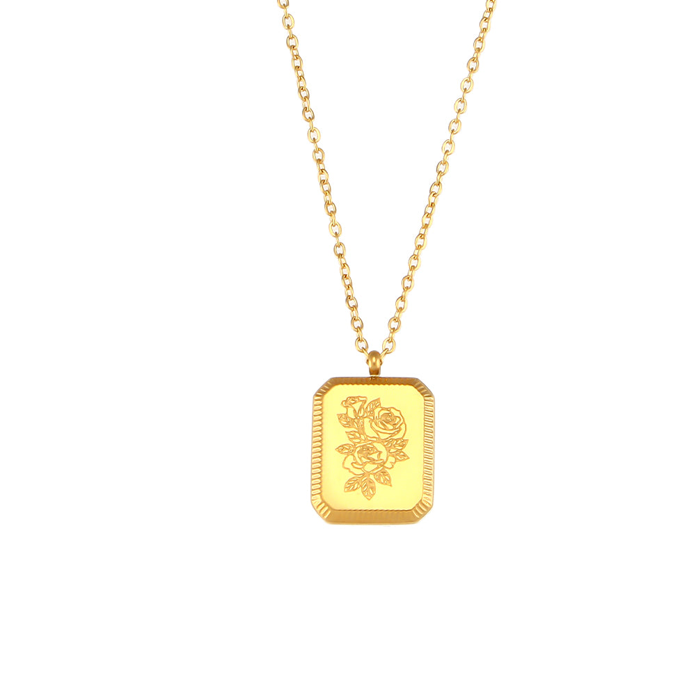 18k Gold Waterproof Stainless Steel Square Flower Birthstone Necklaces