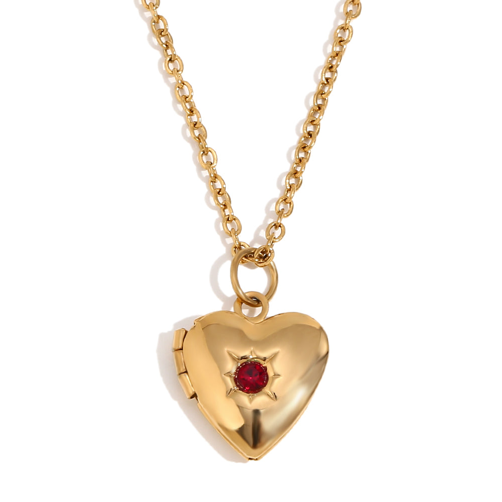 Women's Birth Stone Heart Shape Photo Box Pendant 18k Gold Waterproof Necklace
