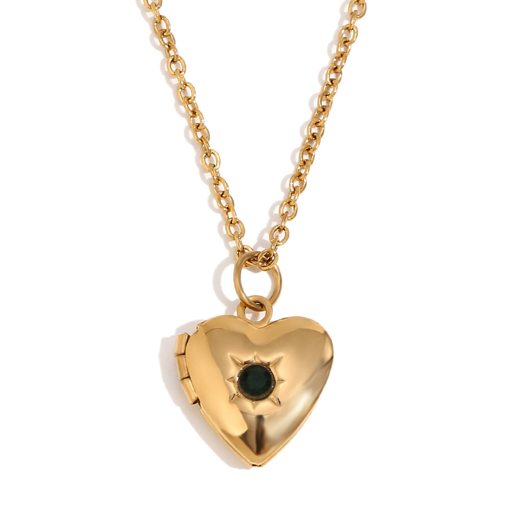 Women's Birth Stone Heart Shape Photo Box Pendant 18k Gold Waterproof Necklace