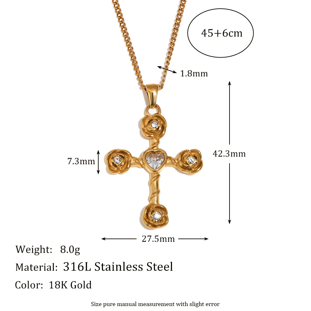 18k Gold Stainless Steel White CZ Rose Cross Necklace Earring Flower Jewelry Set