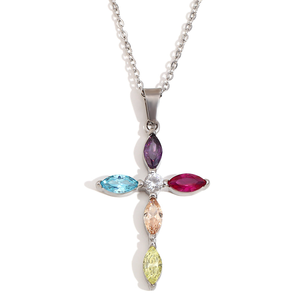 18k Gold Stainless Steel Luxury Colored CZ Cross Pendant Bling No Tarnish Women's Necklace