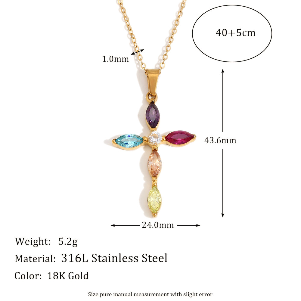 18k Gold Stainless Steel Luxury Colored CZ Cross Pendant Bling No Tarnish Women's Necklace