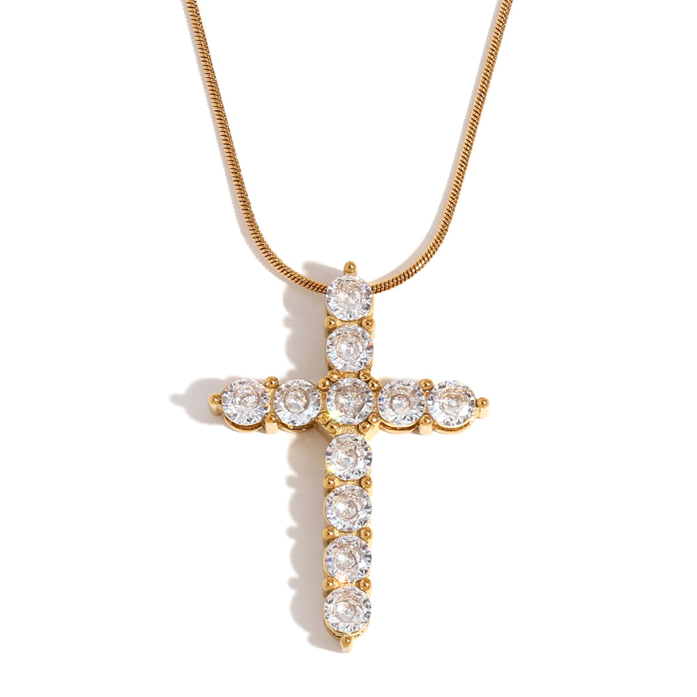 18k Gold Stainless Steel Luxury Colored CZ Cross Pendant Bling No Tarnish Women's Necklace