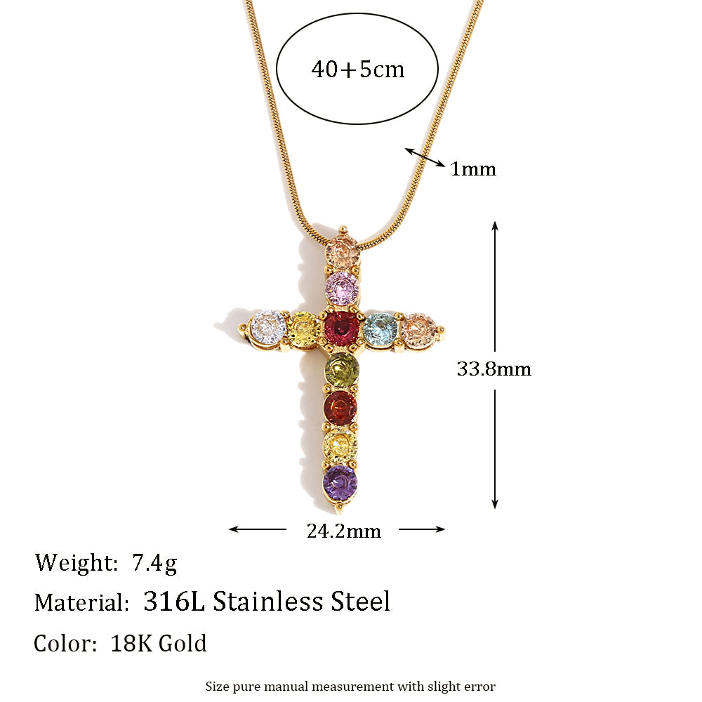 18k Gold Stainless Steel Luxury Colored CZ Cross Pendant Bling No Tarnish Women's Necklace