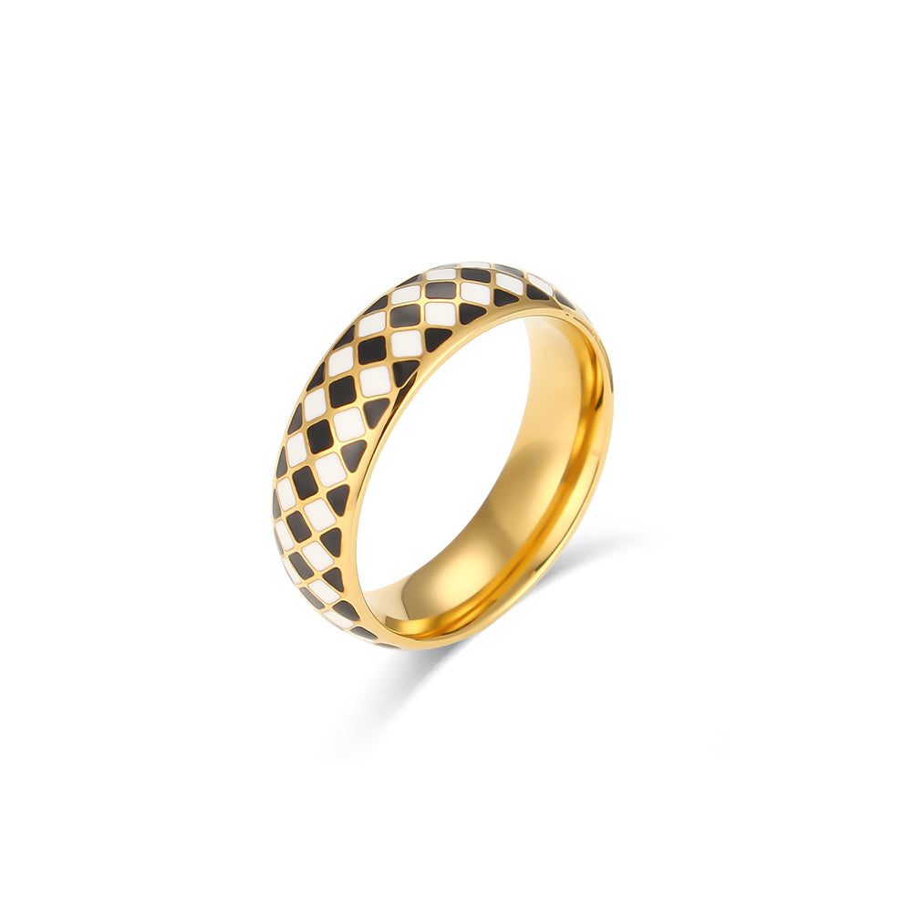 18k Gold Over Stainless Steel Fine Polished Black White Enamel Checker Tarnish Free Ring