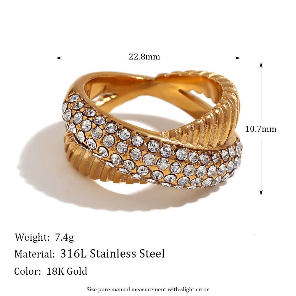 Women's 18k Gold White Zircon Flower Three Layer Wave Pattern Cross Diagonal Rings