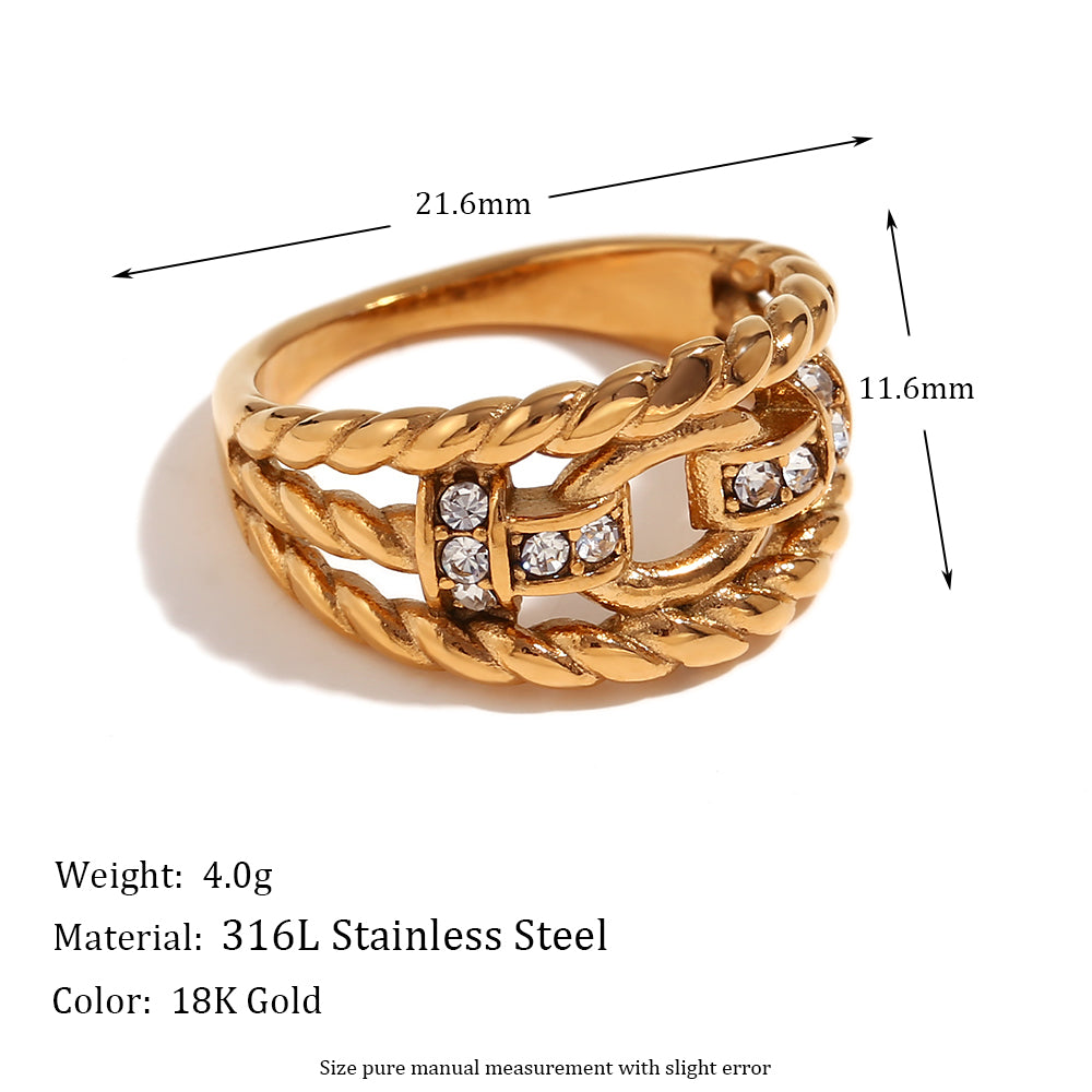 Women's 18k Gold White Zircon Flower Three Layer Wave Pattern Cross Diagonal Rings