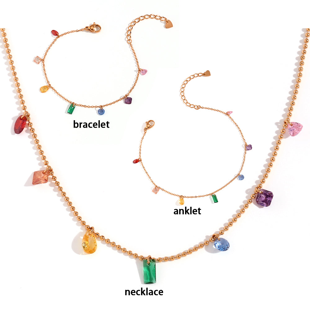 18k Gold Stainless Steel Waterproof Cubic Zirconia Stone Necklace Bracelet Anklet Jewelry Set