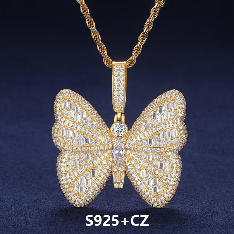 Iced Blinged Out Moissanite Diamond Sterling Silver Butterfly Hip Hop Pendant Necklaces
