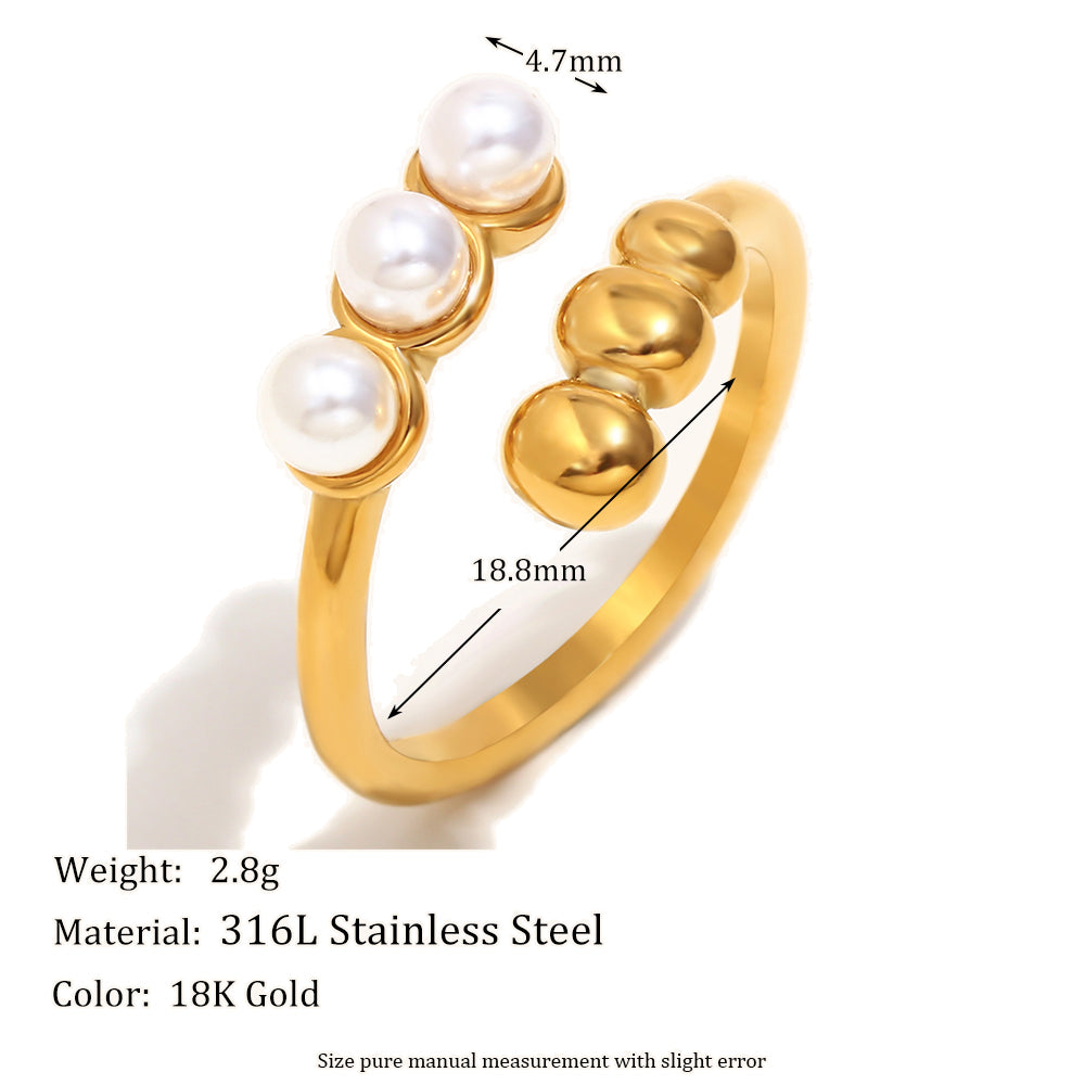 Ladies 18k Gold Elegant Round Pearl Beads Stainless Steel Waterproof Rings