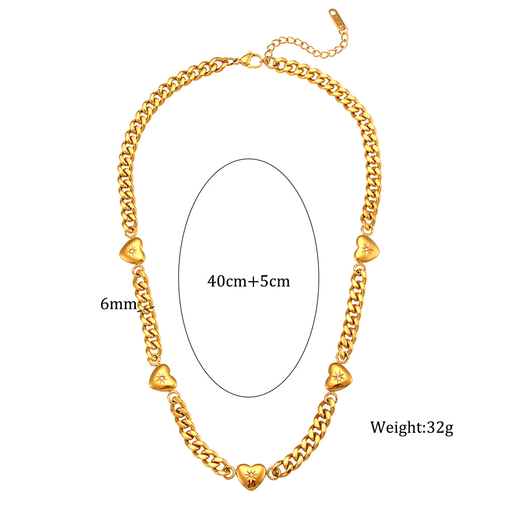 Women's 18k Gold Waterproof Stainless Steel CZ Heart Charm Cuban Chain Necklace