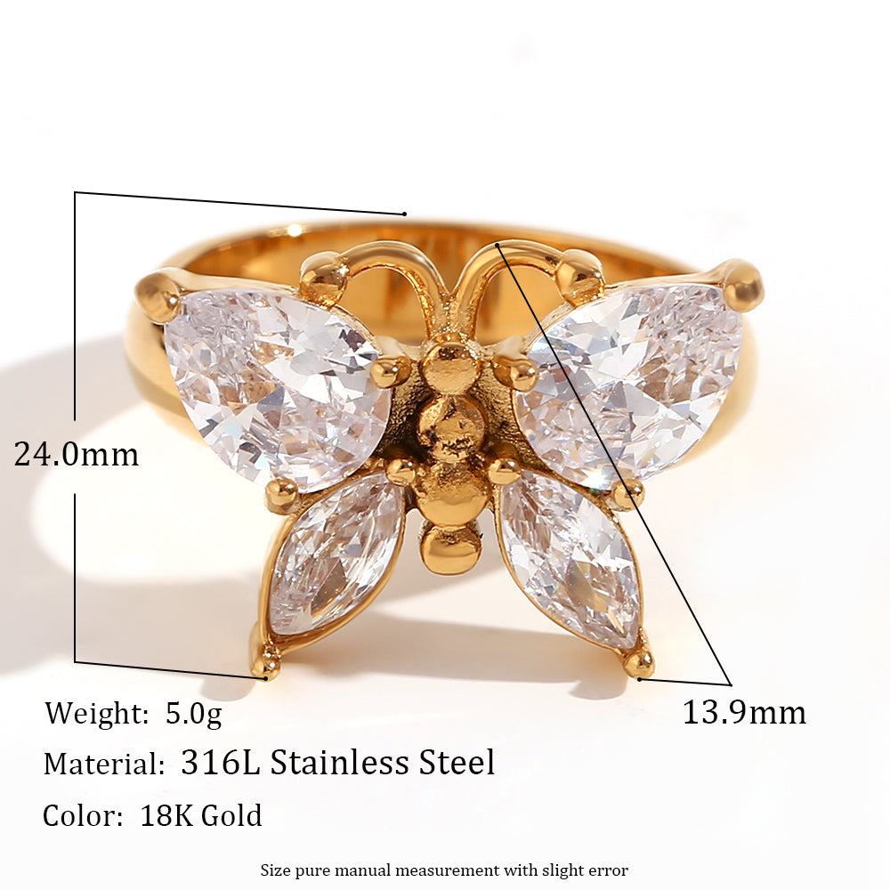 Women's Casting Clear CZ 18k Gold Waterproof Tarnish Free Butterfly Ring
