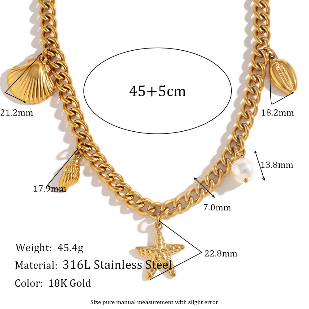 18k Gold Tarnish Free Stainless Steel Ocean Style Starfish Shells Pendant Necklace