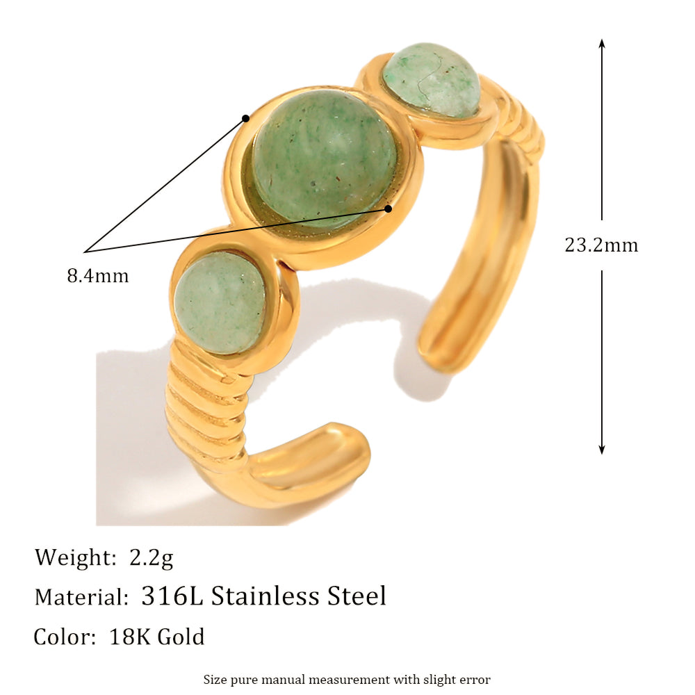 18k Gold Round Natural Green Aventurine Stone Cuff Ring Stainless Steel Waterproof Rings