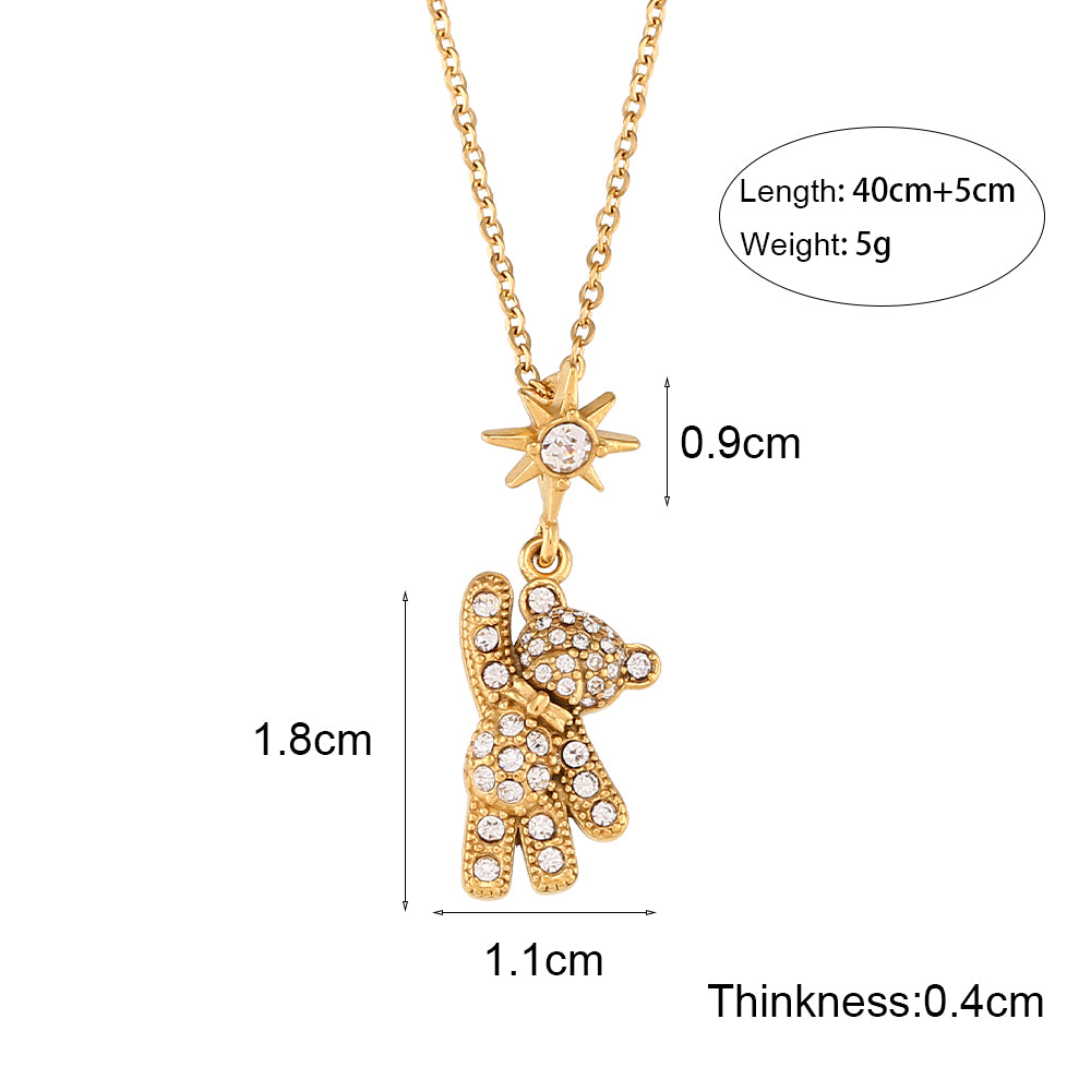 Ladies 18k Gold Rhinestone Teddy Bear Stainless Steel Waterproof Pendant Necklace