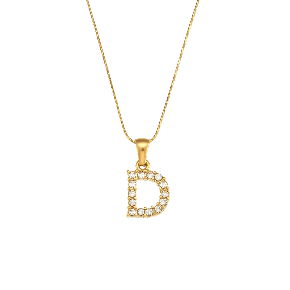 18k Gold Stainless Steel Thin Snake Chain 3A Zircon Stone Paved Initial Necklace