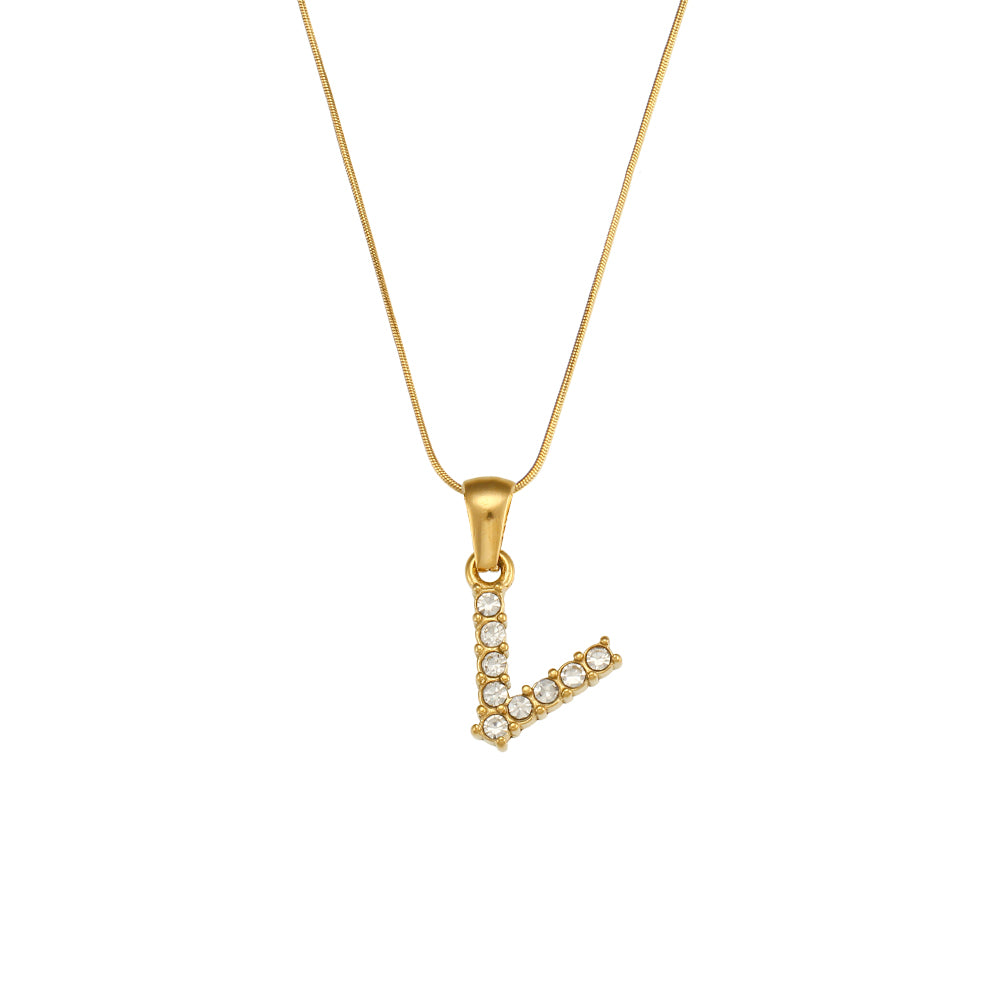 18k Gold Stainless Steel Thin Snake Chain 3A Zircon Stone Paved Initial Necklace