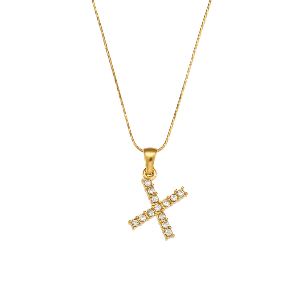 18k Gold Stainless Steel Thin Snake Chain 3A Zircon Stone Paved Initial Necklace