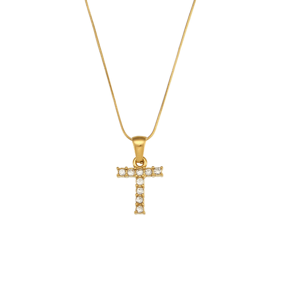 18k Gold Stainless Steel Thin Snake Chain 3A Zircon Stone Paved Initial Necklace