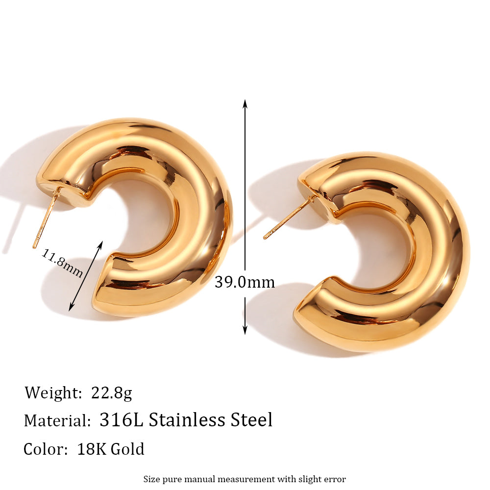 18k Gold O-shaped Street Wear Exaggerated Croissant Mini Hollow Stainless Steel Earrings