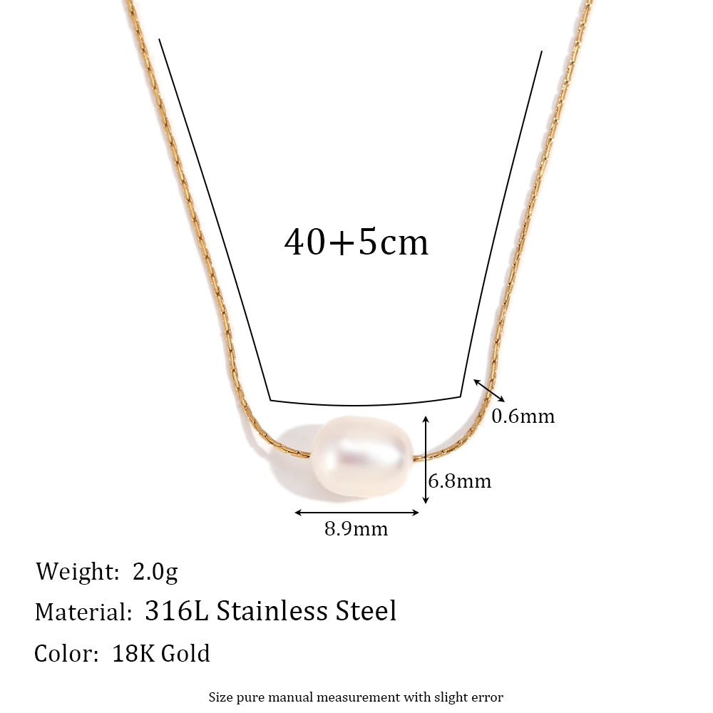 Ladies Luxury Freshwater Pearl 18K Gold Stainless Steel Chain Necklace