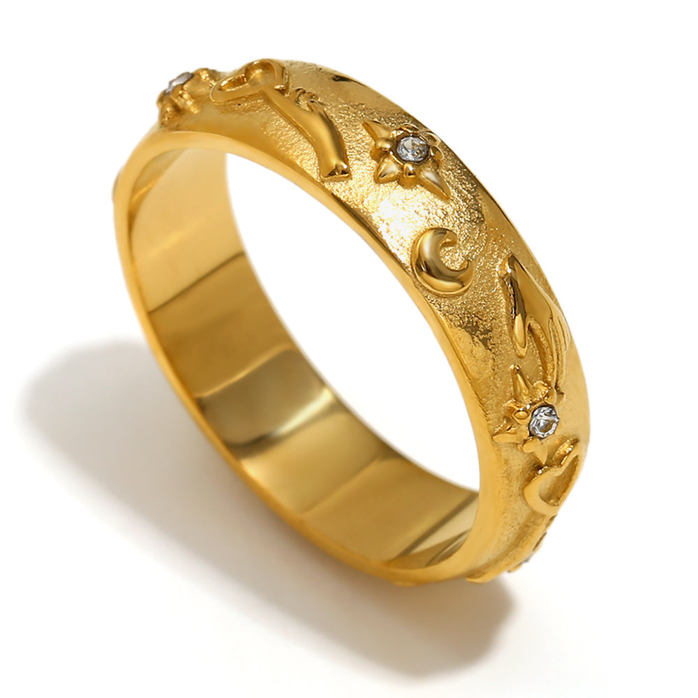 18k Gold Solid Stainless Steel Tarot Cards Waterproof CZ Bling Rings