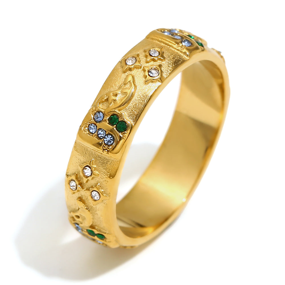 18k Gold Solid Stainless Steel Tarot Cards Waterproof CZ Bling Rings