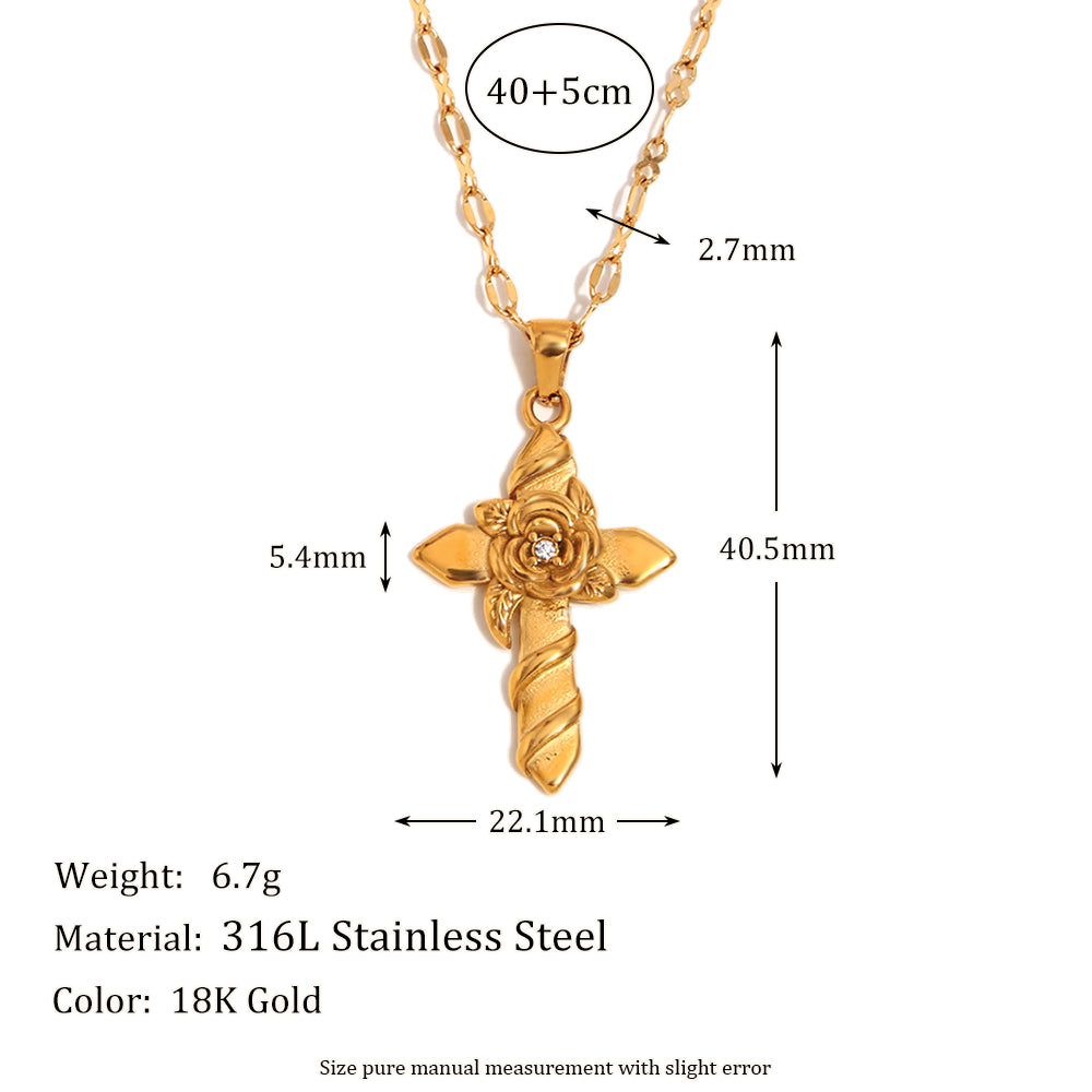 18k Gold Waterproof Rose Flower Bling Stainless Steel Hip Hop Cross Pendant Necklace
