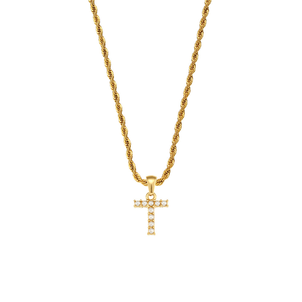 18k Gold No Fade Stainless Steel PVD Tarnish Free Elegant Pearl Letter Necklace