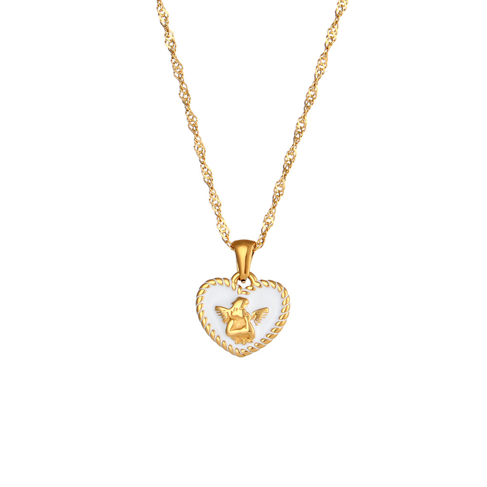 18k Gold Stainless Steel Tarnish Free Angel Heart Enamel Pendant Necklaces