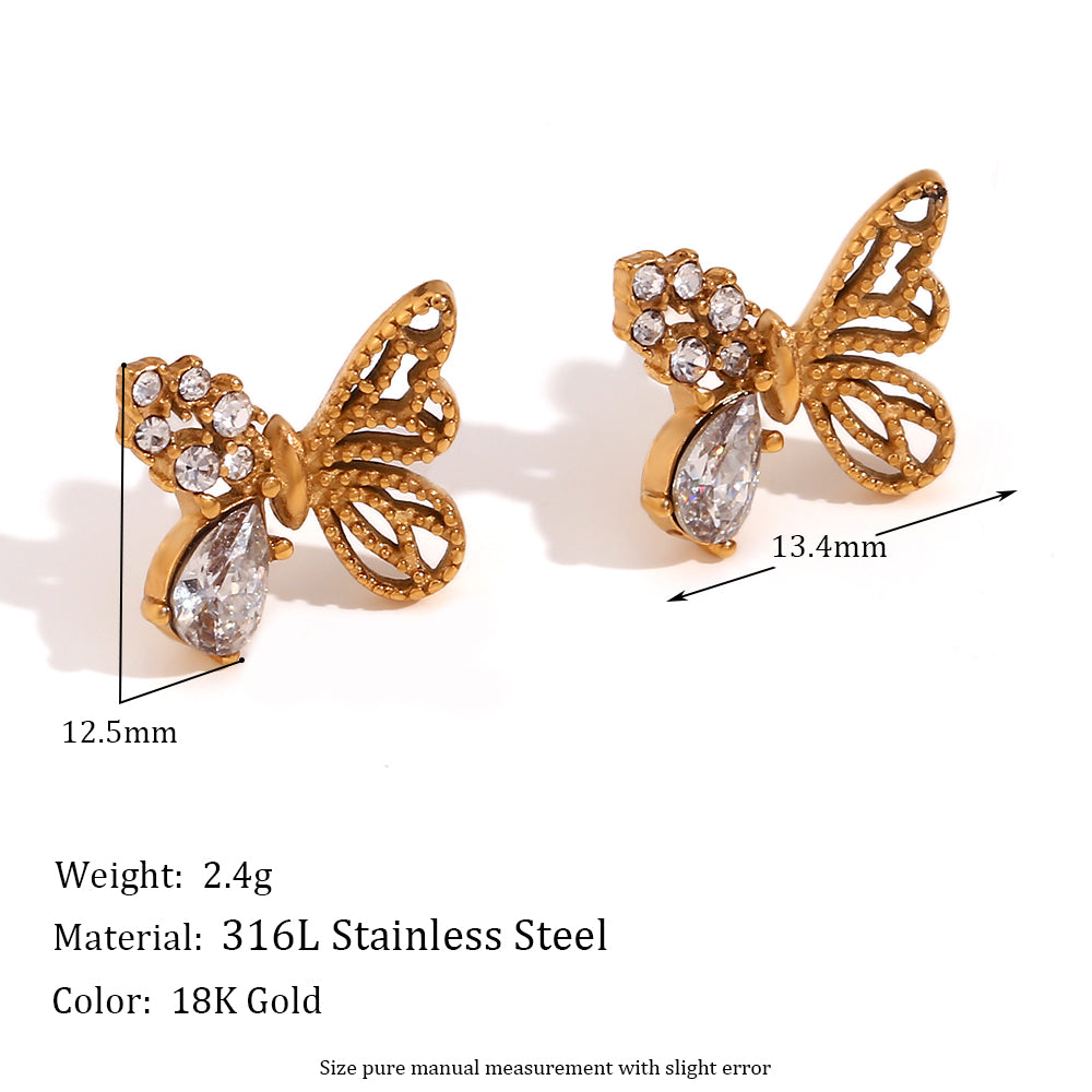 18k Gold Stainless Steel Half Set Zircon Butterfly Stud Waterproof Earrings