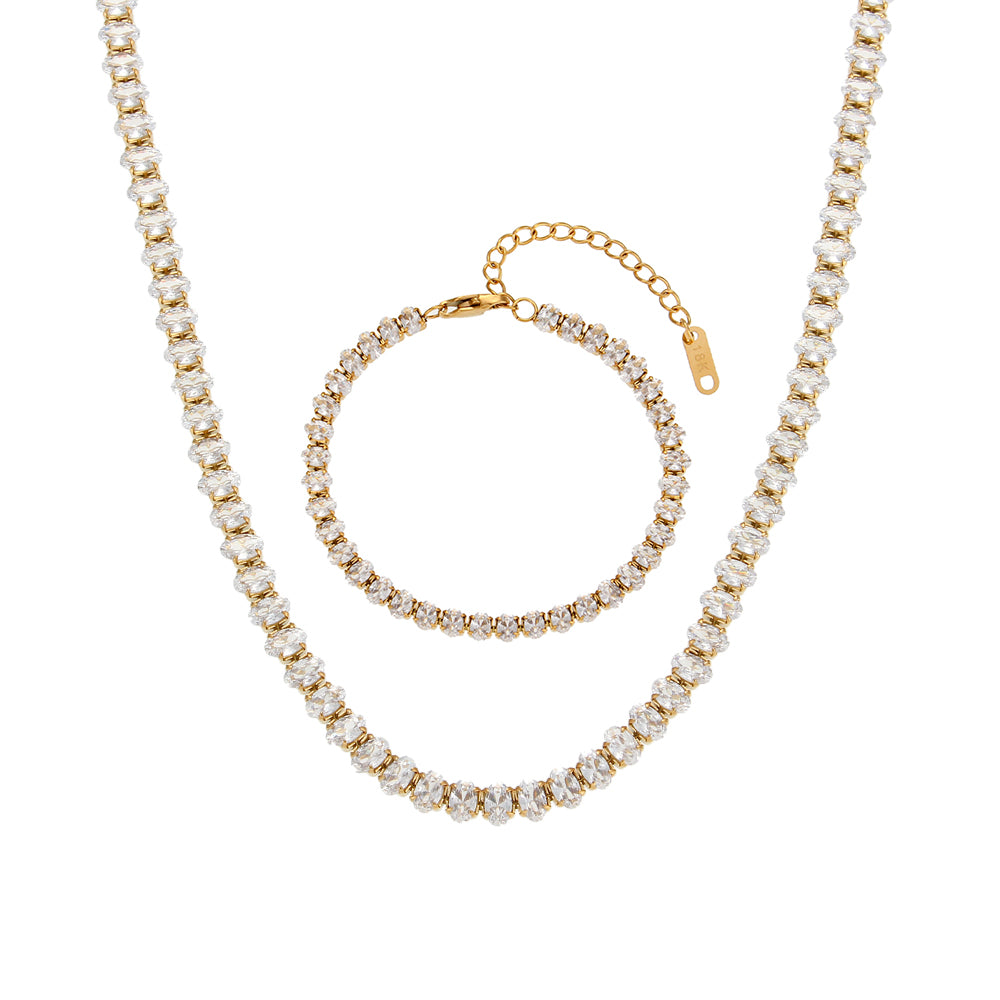 Ladies 18k Gold Waterproof Stainless Steel Marquise Oval CZ Tennis Necklace Bracelet Set
