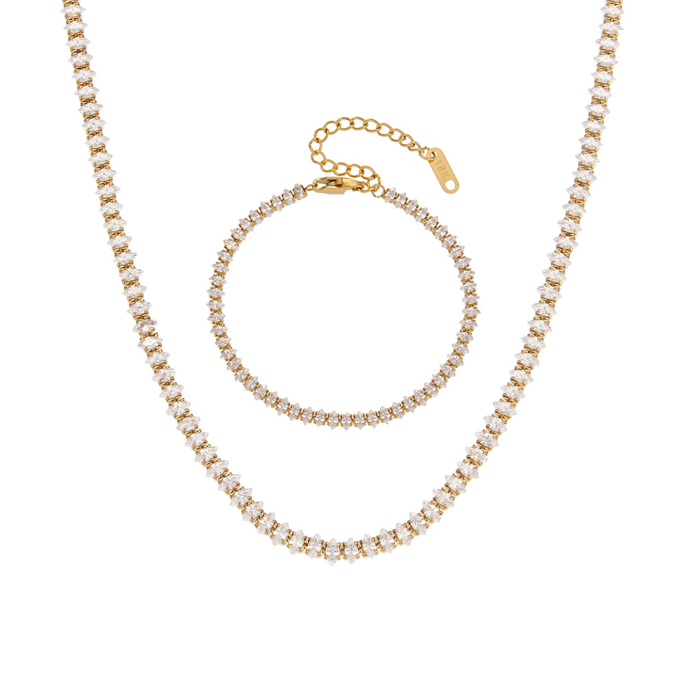 Ladies 18k Gold Waterproof Stainless Steel Marquise Oval CZ Tennis Necklace Bracelet Set