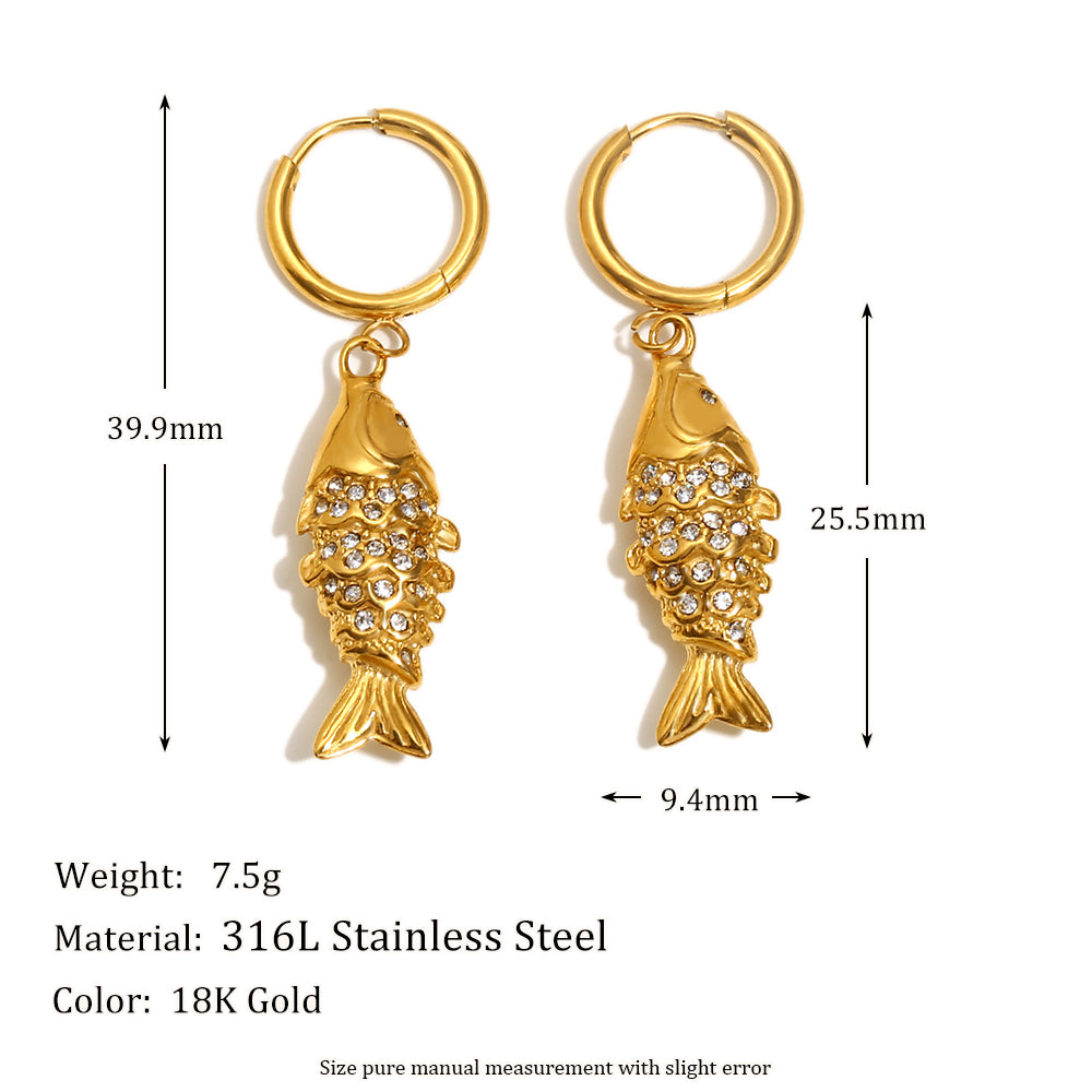 18k Gold Stainless Steel Rhinestone Koi Fish Waterproof Necklace Earring Jewelry Set