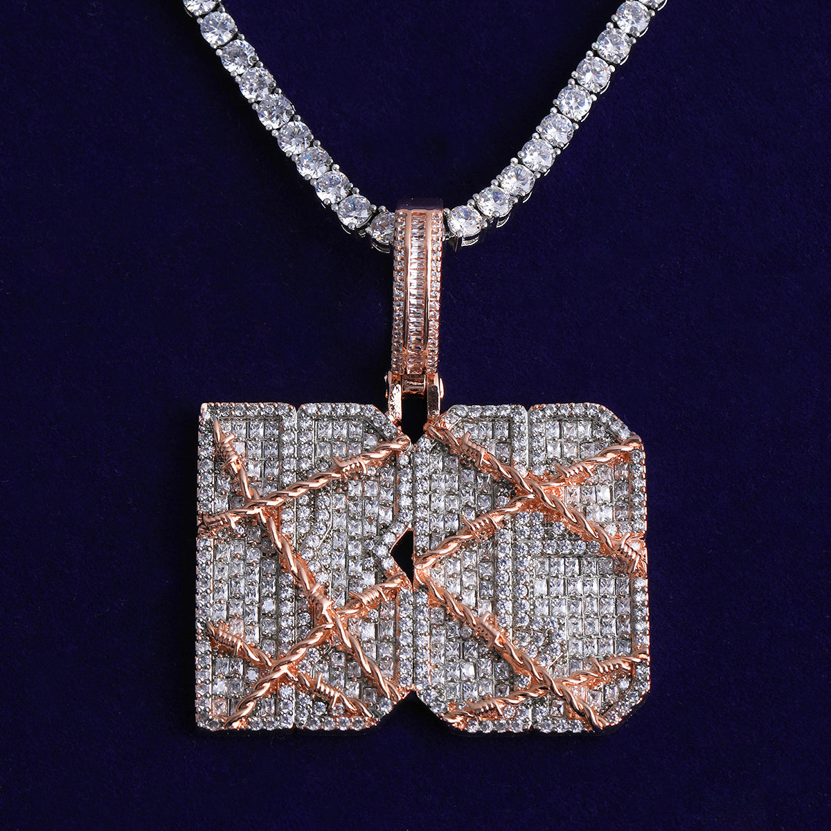 Cant Hold Me | Barbed Wire VVS Diamond CZ Baguette Stone Custom Name Plate Pendant