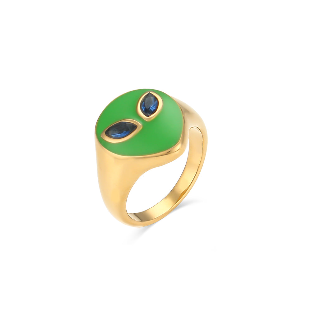 18k Gold Waterproof Tarnish Free Stainless Steel Colorful Pink Green CZ Stone Alien Rings