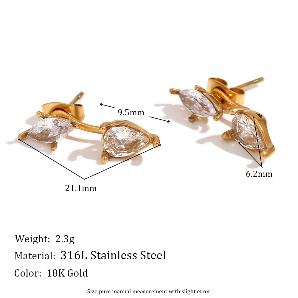 Oval Teardrop 18k Gold Zircon Stone Water Resistant Stainless Steel Bling Earrings