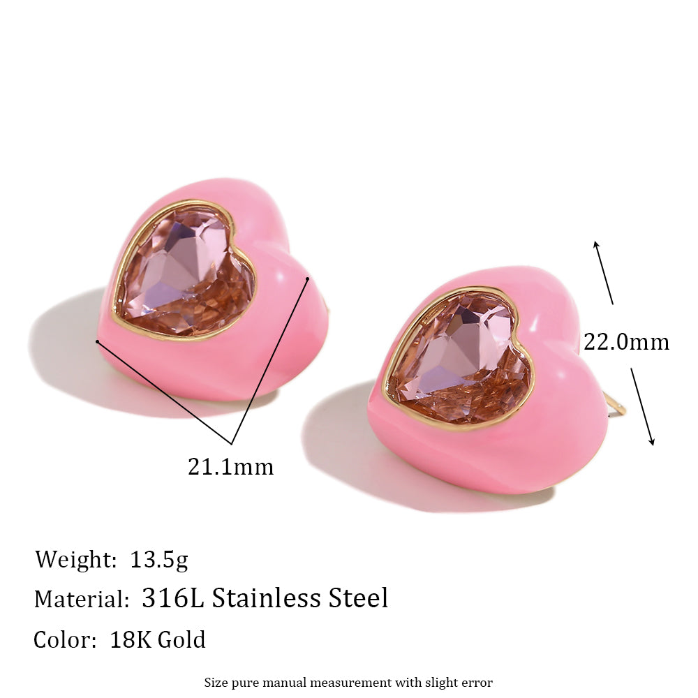 Colorful Gemstone Heart Enamel 18k Gold over Stainless Steel Earrings Rings Jewelry Set