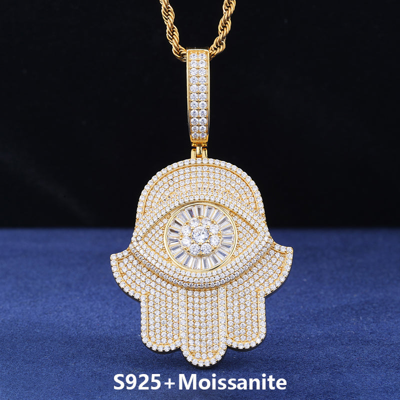 Iced Evil Eye | Moissanite Diamond Luxury 925 Silver Iced Blinged Out Fatima Hamsa Hand Pendant